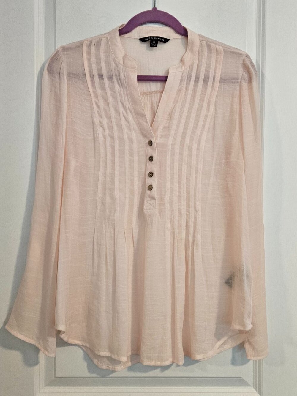 Zac & Rachel Blush Pink Pintuck Peasant Blouse Medium Roll Tab Sleeve
